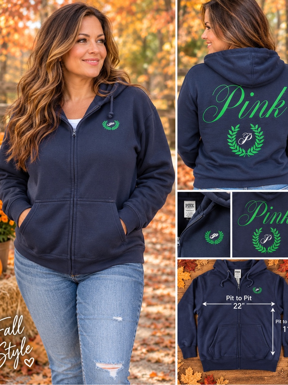 PINK Victoria's Secret Navy Zip-Up Hoodie with Green Logo